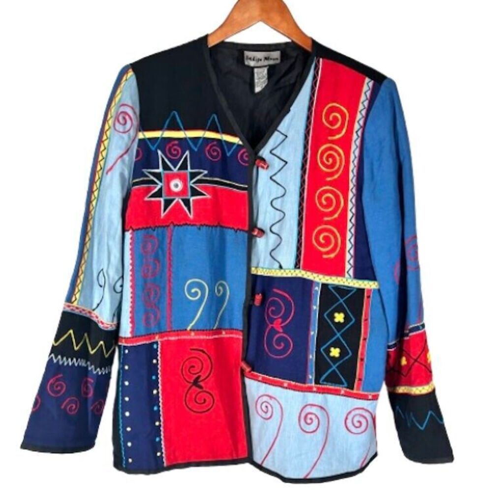 Indigo Moon Jacket S Red Blue Art to Wear Embroidered Ceramic Toggle Buttons